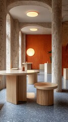 Modern minimalist interior design with round tables