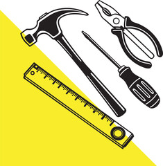 Classic DIY Tool Set - Home Repair Essentials - Basic Hand Tools for Home Repairs Illustrated in Black and White Silhouette Style