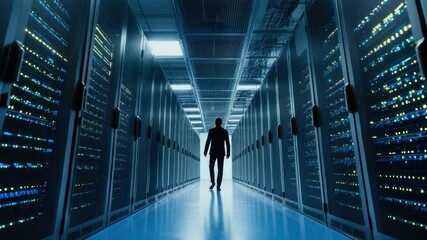 Businessman walks through a server room. - Powered by Adobe