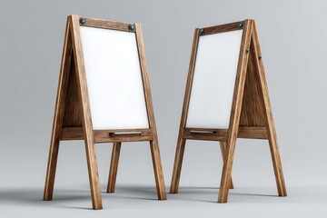 Wooden Display Boards: A pair of elegantly crafted wooden display boards stand side-by-side, poised for showcasing messages, art, or promotions, offering a clean and inviting presentation.