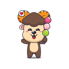 Cute ram cartoon vector illustration eating dango