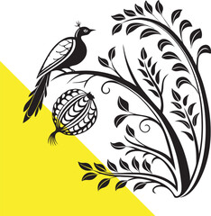 Peacock on Tree Silhouette - Peacock on Branch Silhouette - Elegant Black and White Bird with Botanical Tree Design