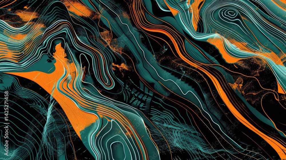 Poster abstract green and orange flowing lines with topographic elements. abstract image of digital wave wi