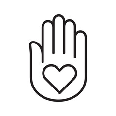 Palm hand with heart love symbol on it icon. Donation and charity icon. Symbol of fundraising, compassion, philanthropy, giving, care, humanity. Vector illustration.