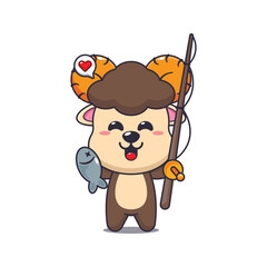 Cute ram cartoon vector illustration catching fish with fishing rod