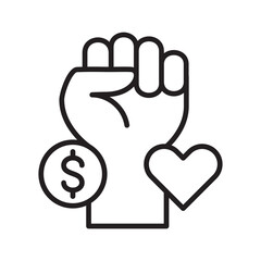 Hand fist with heart and money on it icon. Symbol of fundraising, solidarity, compassion, philanthropy, giving. Vector illustration