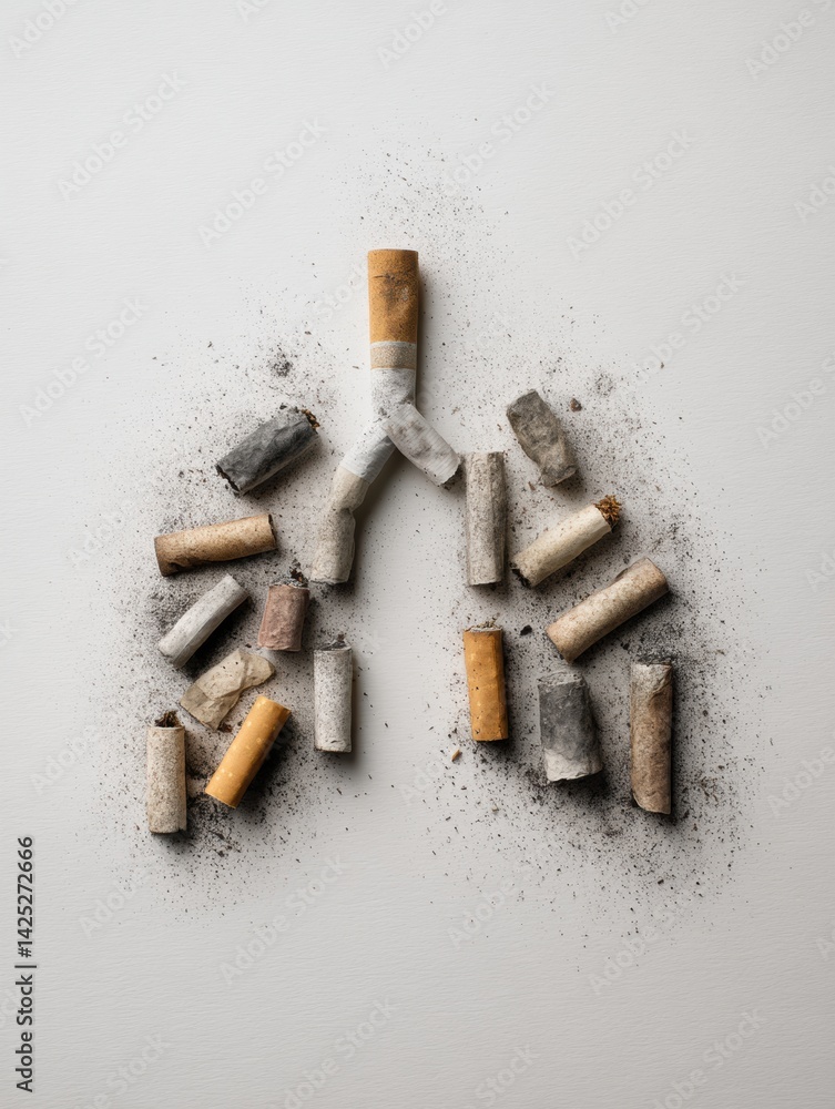 Aufkleber abstract representation of lungs formed with cigarette butts and ash symbolizing decay and health im