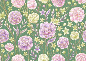 Seamless background with flowers. Ornate Vintage pattern. Watercolor painting purple and pink flowers and leaves with golden contours on textured green background. Template for design.