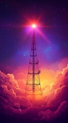 A vibrant digital illustration of a radio tower emitting light against a colorful sky.