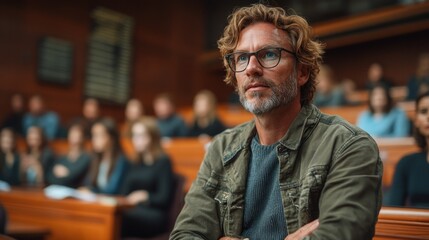 Fototapeta premium Man listening intently in auditorium