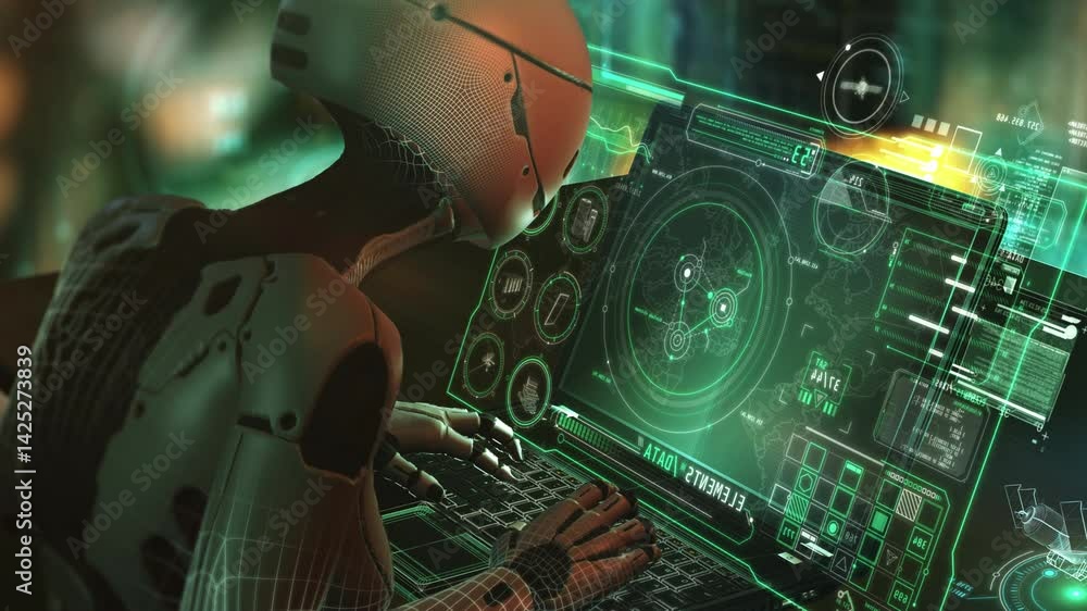 Poster advanced ai analyzing data on futuristic laptop screen