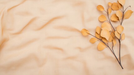 Dried eucalyptus branches and tiny flowers placed on wrinkled canvas fabric, warm earthy tones