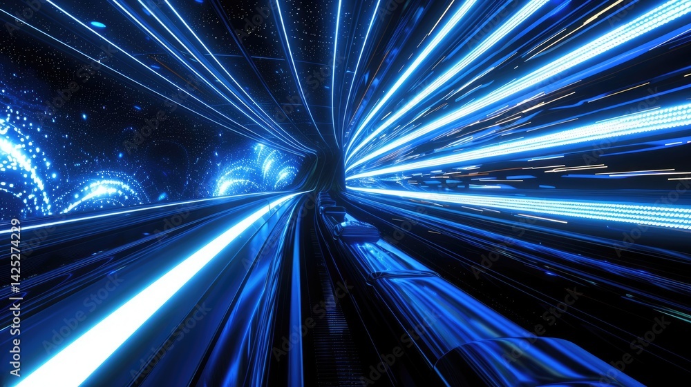 Poster a stunning visual of blue light being projected in a dark tunnel, creating a sense of speed and dept
