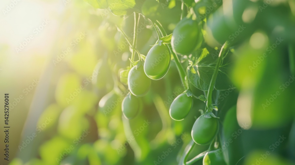 Poster high-resolution close-up of green pea pods hanging on vibrant vines, some pods slightly open showing