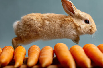 A bunny jumping over a line of carrots like hurdles in a race
