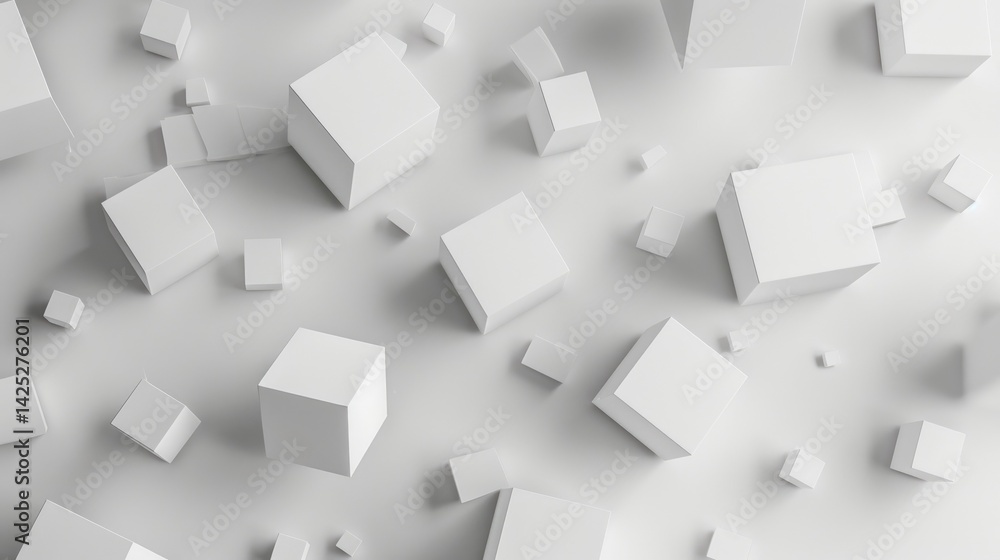 Poster a captivating scene of white cubes falling in a minimalist setting, creating an abstract and artisti