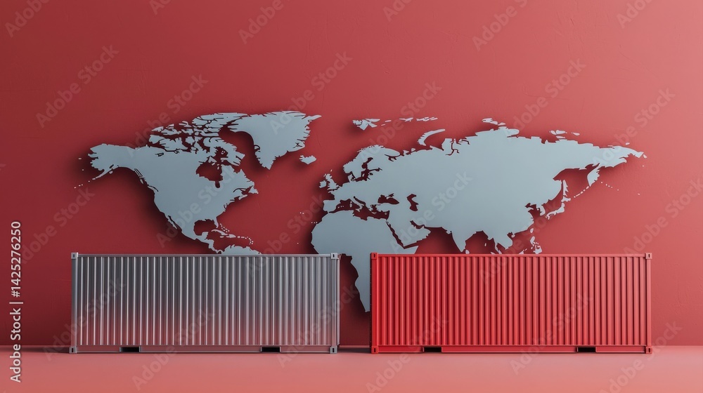 Poster A modern design featuring a world map on a red wall, complemented by stylish gray and red radiators at the bottom.