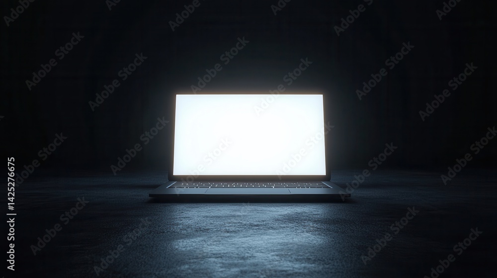Poster open laptop screen radiating light in complete darkness, emphasizing surrounding void