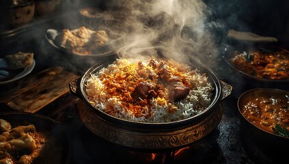 A cinematic photograph of biryani on the table, with other dishes in the background