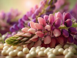 Obraz premium Delicate lupine flowers with soft focus and creamy candies, representing sweetness and beauty. Ideal for floral designs, spring themes, and confectionery promotions.