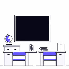 Classroom Interior Vector, Study Room Flat Illustration, School Desk and Blackboard Design, Education Setup Scene, Traditional Learning Environment