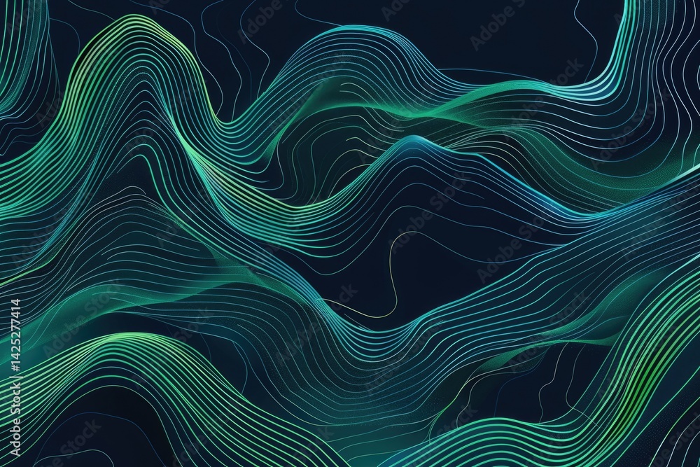 Poster abstract dark background with green and blue wavy lines. background image of green and blue digital 