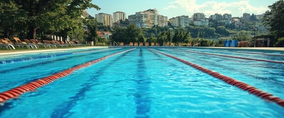 Obraz premium Outdoor swimming pool with city view
