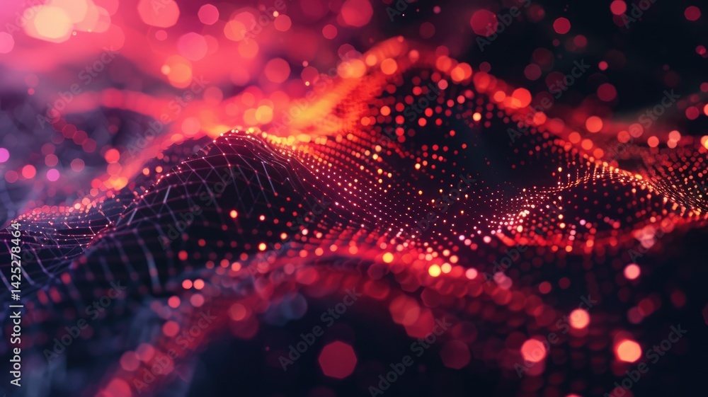 Poster abstract wavy grid with vibrant red and blue lighting. digital art of digital wave made from glowing