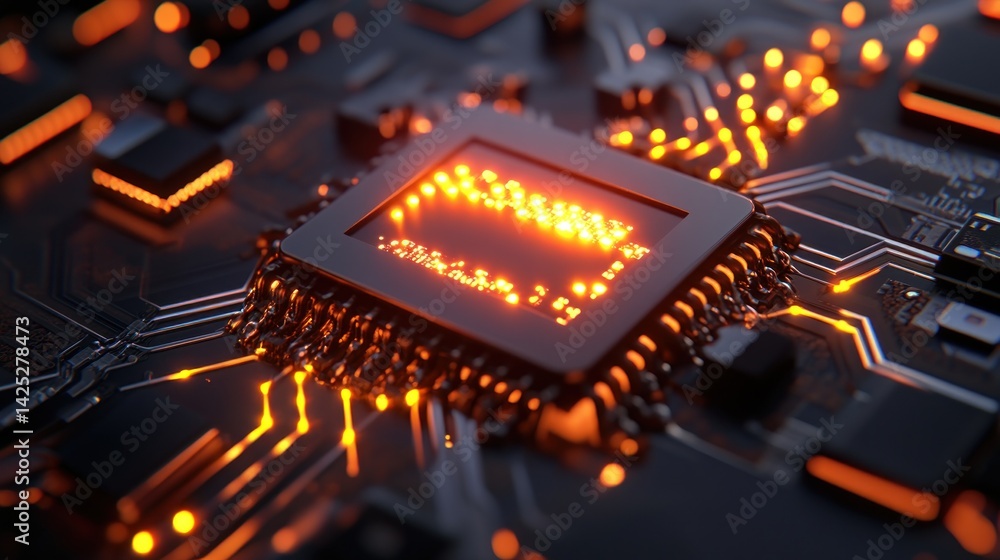 Poster high-tech circuit board with glowing processor