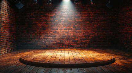 Classic club comedy stage with brick backdrop, center spotlight illuminating the wooden stage floor, no microphone 