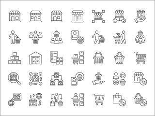 Online shop and store icon set. Consumer and goods icons. Set contains symbol of marketplace, network branch store, front shop, shopping basket, trolley, goods stock. vector illustration © great19