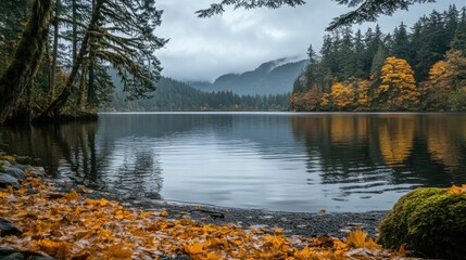 Fototapeta premium Autumn lake scene with reflections