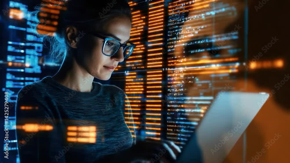 Poster Woman programmer working on laptop with glowing code.
