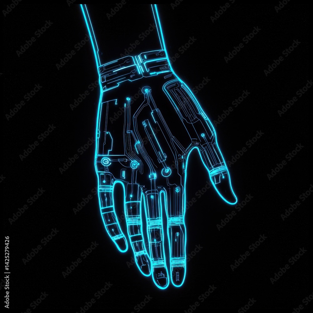 Aufkleber glowing futuristic hand with circuit patterns on black background