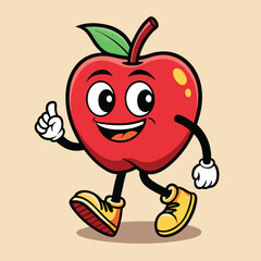 Groovy apple mascot. Funky retro character. cartoon apple, smiling, walking. Funny vintage trendy style character. Doodle Comic collection 