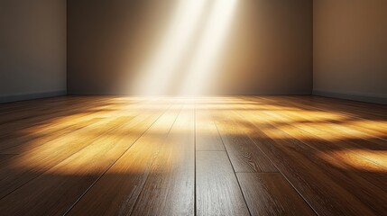 Contemporary stage with polished wooden floor, spotlight casting a bright glow, and neutral wall color