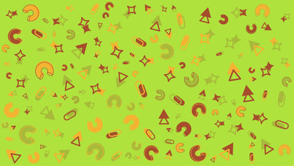 Green background with yellow orange brown triangles stars and c shapes suitable for abstract backgrounds, summer designs, geometric patterns, and vibrant concepts.