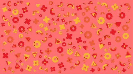 Pink background with yellow and red circles triangles and plus signs, suitable for vibrant and modern graphic design projects.