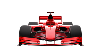 Front view of a red formula one racing car on a transparent background