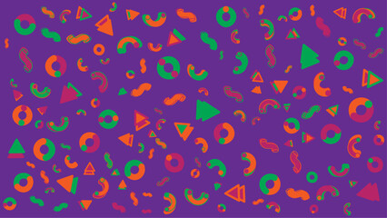 Purple background with colorful geometric shapes perfect for vibrant designs or abstract backgrounds in graphic design projects or presentations.