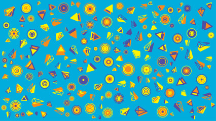 Geometric pattern with circles and triangles in yellow orange and purple on blue background. Suitable for backgrounds, wallpapers, prints, digital art, packaging.