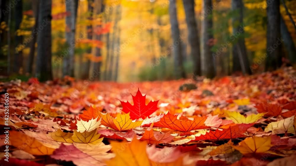 Poster autumnal forest path with vibrant red leaf.
