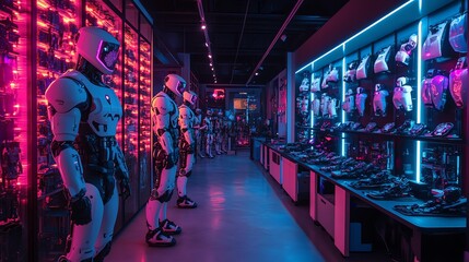 Obraz premium Futuristic assembly line where humans in exoskeletons work alongside cobots under neon lights. High-tech, efficient, and cyberpunk-inspired industrial automation