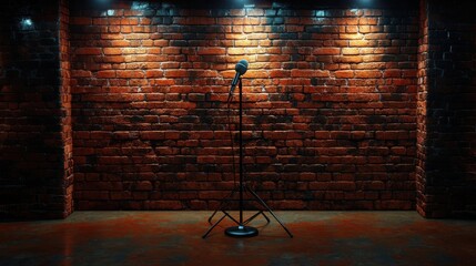 Cozy comedy club stage with exposed brick wall, single microphone stand under the center spotlight, empty surroundings