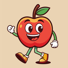 Groovy apple mascot. Funky retro character. cartoon apple, smiling, walking. Funny vintage trendy style character. Doodle Comic collection 