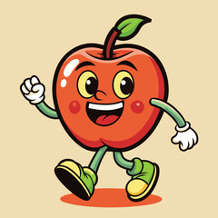 Groovy apple mascot. Funky retro character. cartoon apple, smiling, walking. Funny vintage trendy style character. Doodle Comic collection 
