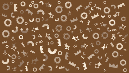 Abstract brown background with white star, circle, crown, and curved shapes; fitting for party invitations, stationery, wrapping paper, or digital design projects.