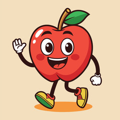 Groovy apple mascot. Funky retro character. cartoon apple, smiling, walking. Funny vintage trendy style character. Doodle Comic collection 
