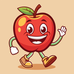 Groovy apple mascot. Funky retro character. cartoon apple, smiling, walking. Funny vintage trendy style character. Doodle Comic collection 