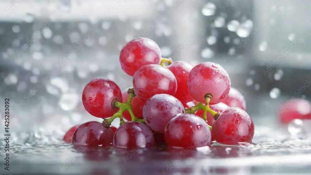 Poster red grapes splashing in water.